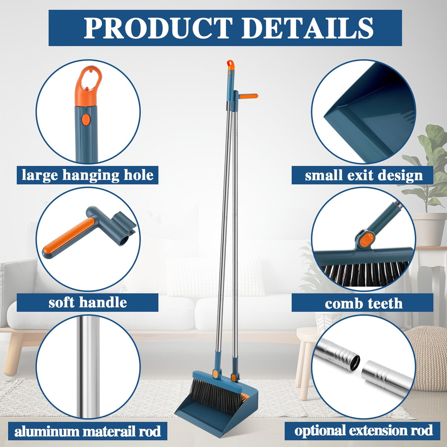 8pcs Blue Broom and Dustpan Set with 47