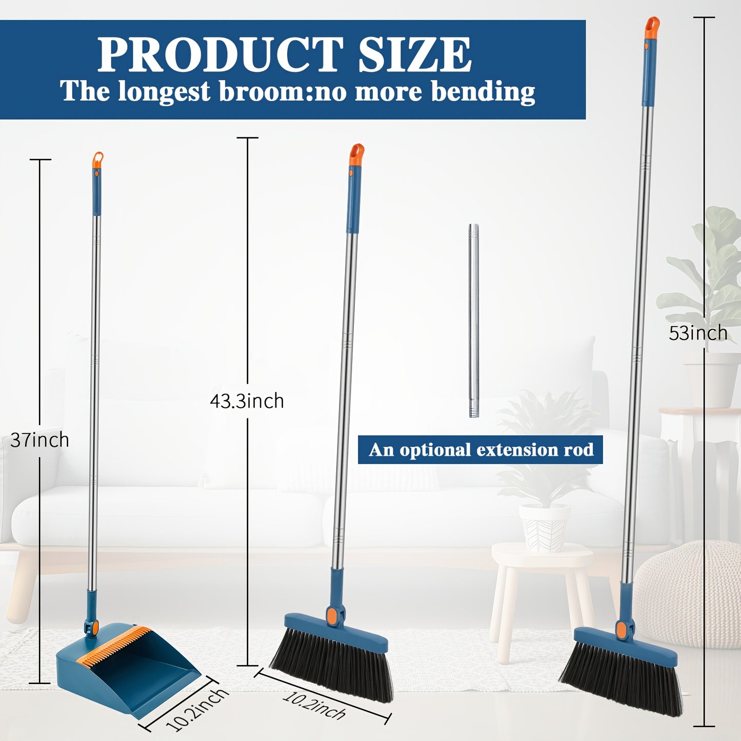 8pcs Blue Broom and Dustpan Set with 47